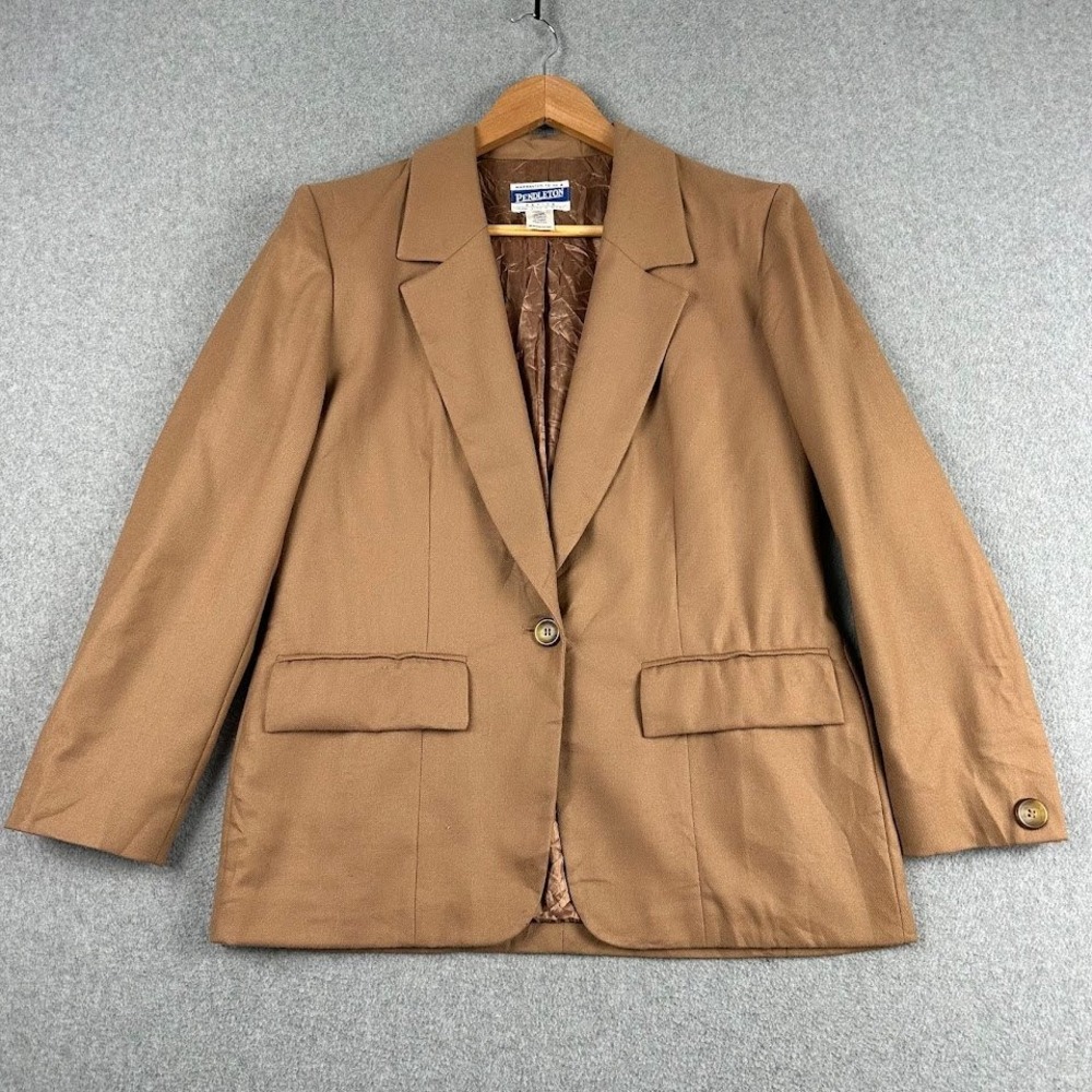 Pendleton 100% Virgin Wool Blazer Womens 4P Camel Brown One Button Jacket USA